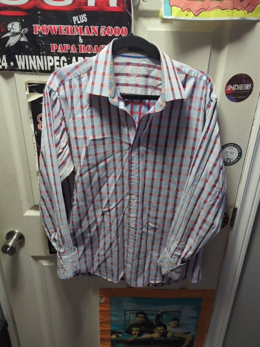 Bugatchi Uomo Shirt Adult XL Blue Red Window Pane Check Button Up Long Sleeve